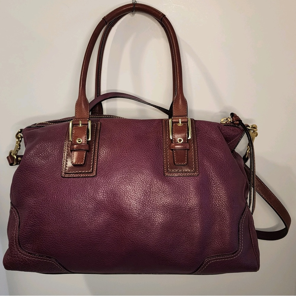 Coach Genuine Pebbled Leather Berry w/Camel Accents Hampton Satchel Bag - Picture 3 of 16